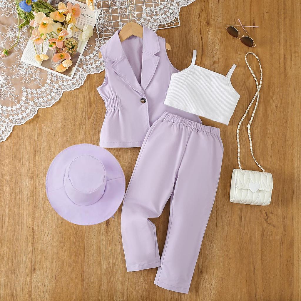 Girls Fashion Suit Summer Kids Casual Coat + Vest + Pants with Hat Suit