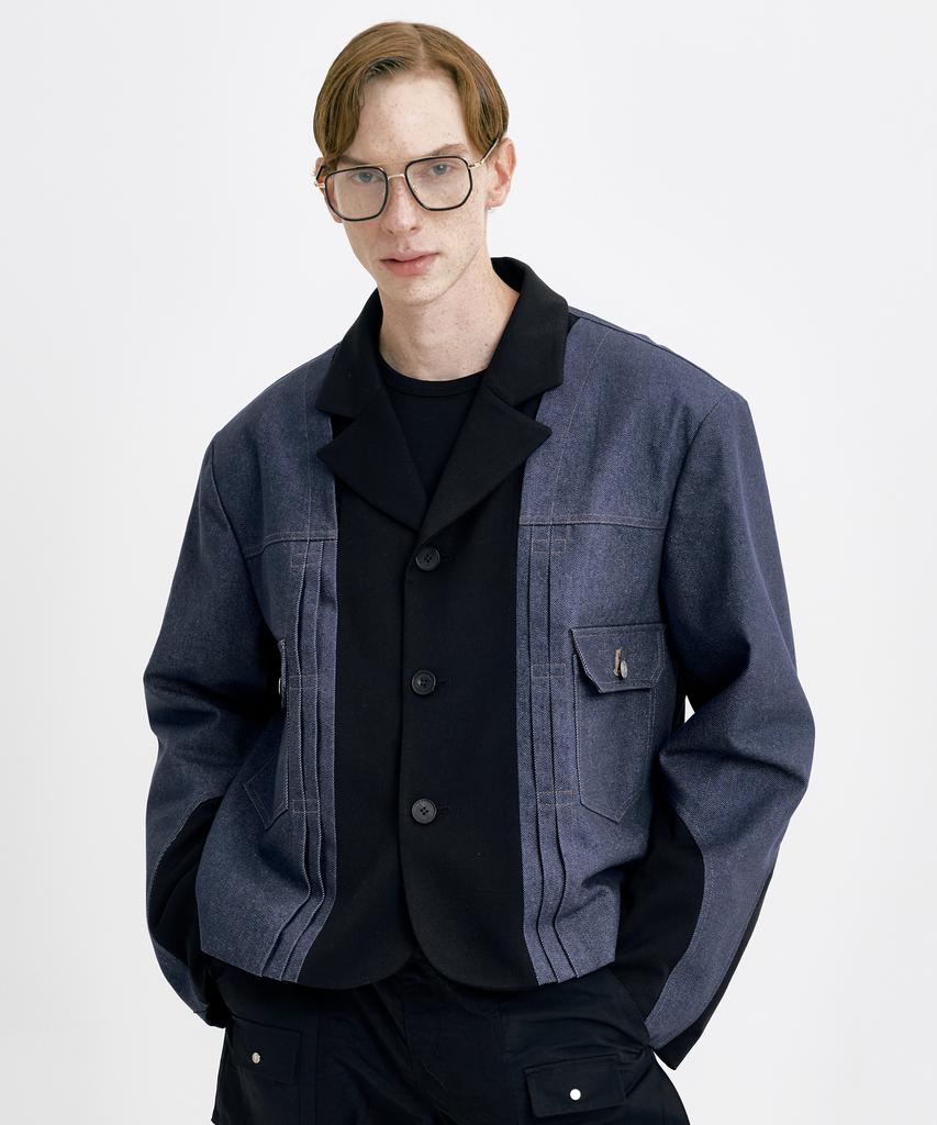 WUNDER GEIST Non-Faded Denim Contrast 3-Button Oversized Cropped Blazer