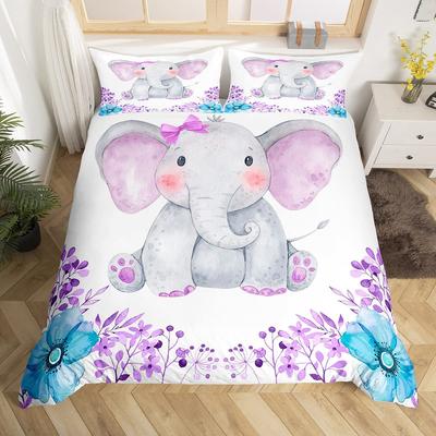 Purple Blue Elephant Flower Duvet Cover for Kids Girls Gift Lovely Cartoon Animal Elephant with Bedding 3pcs Bedroom Decoration