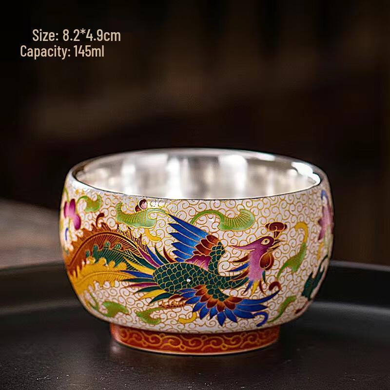 Chaxun Silver Gilded Ceramic Teacup with Gold Filigree Phoenix