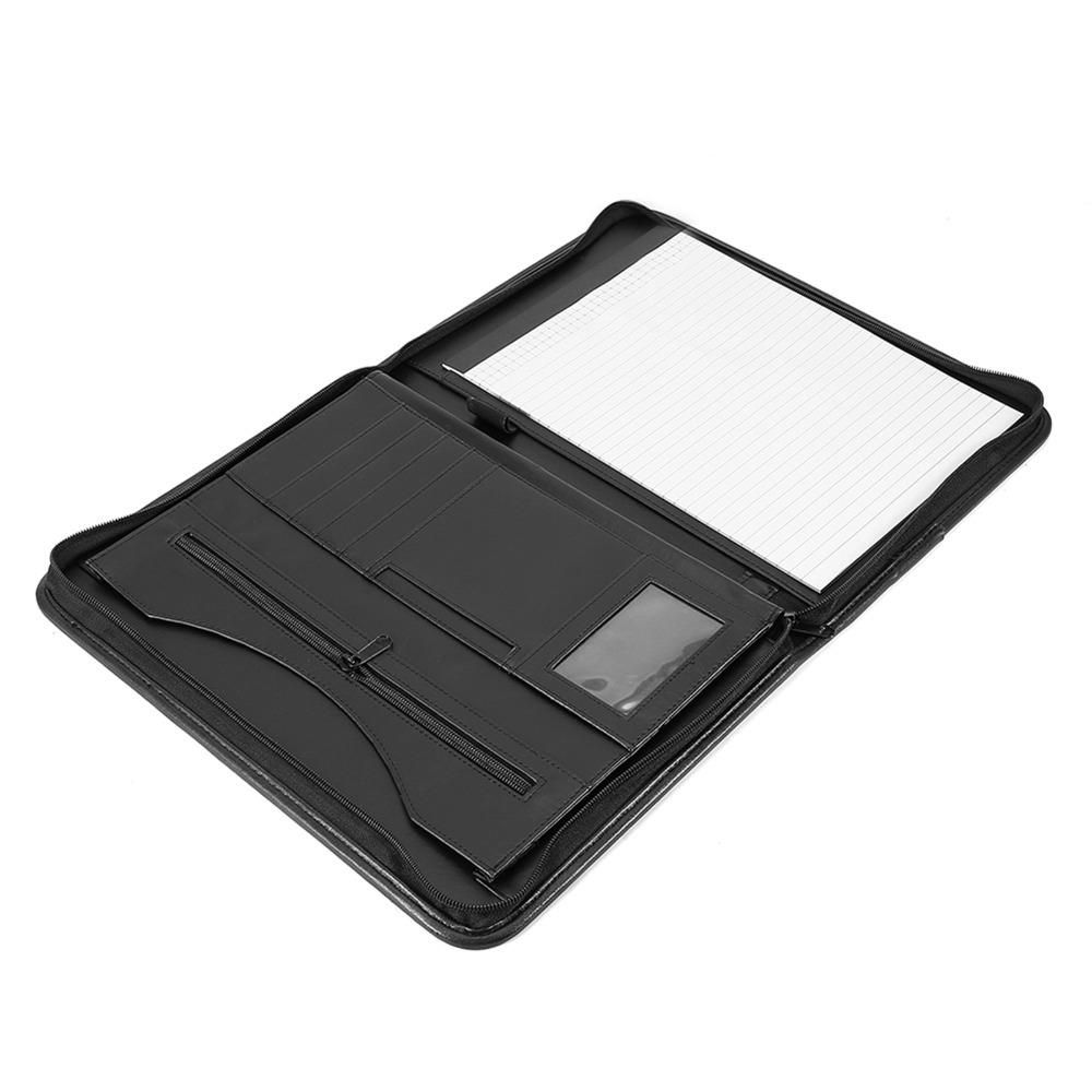 Black Zippered Pocket Zippered Padfolio Faux Leather Conference Folder Organizer  For Business Men
