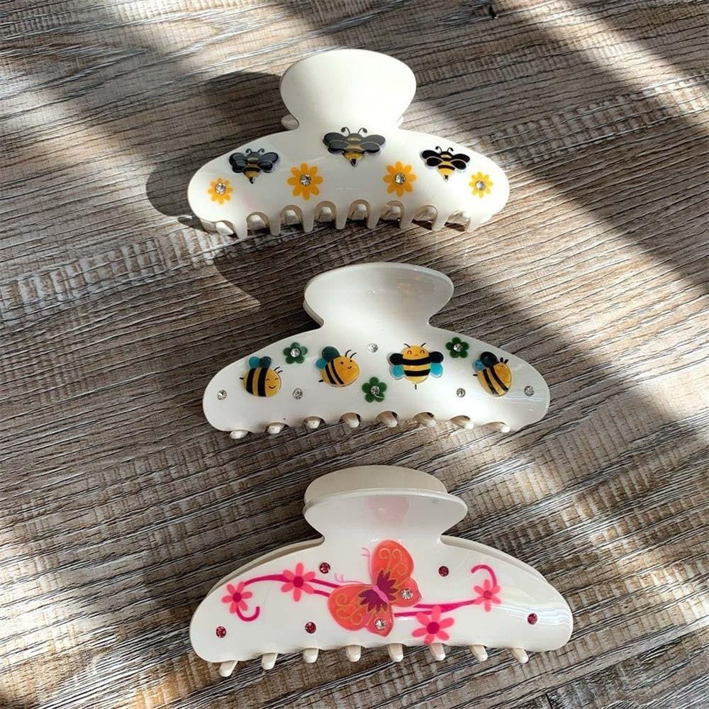 Flower Women Shark Clip Korean Style Acrylic Hair Claw Rhinestone-inlay Hair Claw  Travel
