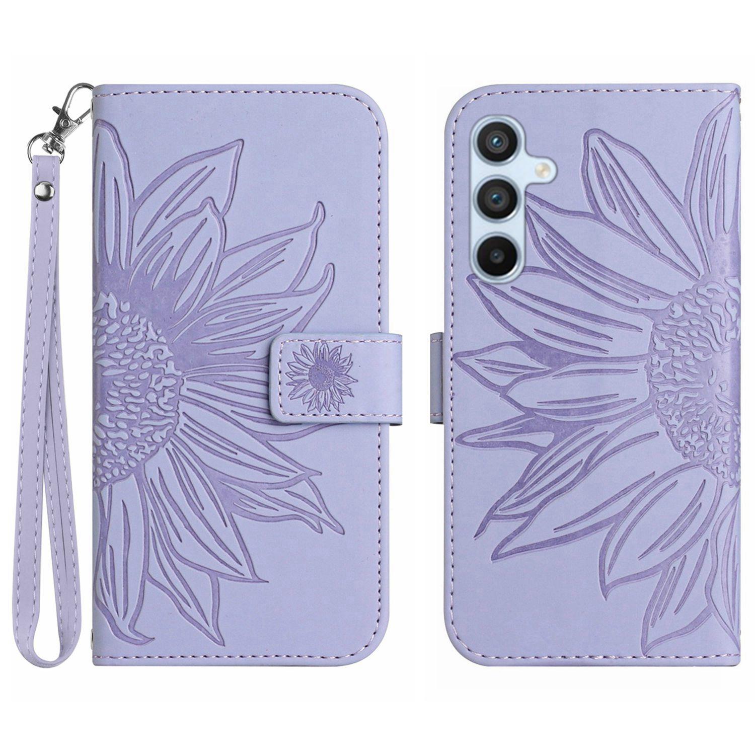 

For Samsung Galaxy A17 Case Sunflower Imprint Leather Wallet Phone Cover with Wrist Strap Light Purple