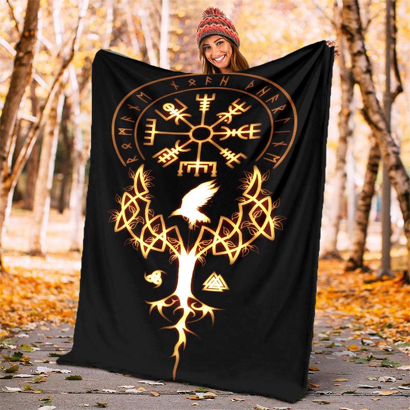 Viking Runes & Tree of Life Flannel Blanket Soft All-Season Throw, Design for Camping, Car Travel, Hiking Sofa, Bed, Office Perfect Gift for Parties