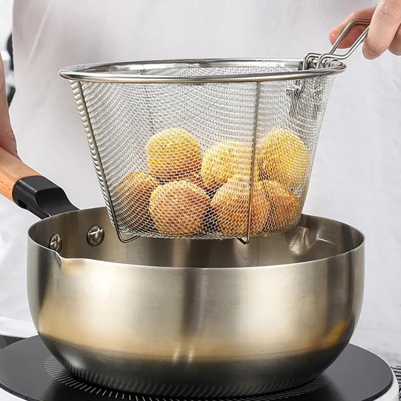 French Fries Basket Stainless Steel Fry Baskets With Handle Deep Fryer Strainer Blanching Basket Deep Fryer Skimmer For Kitche