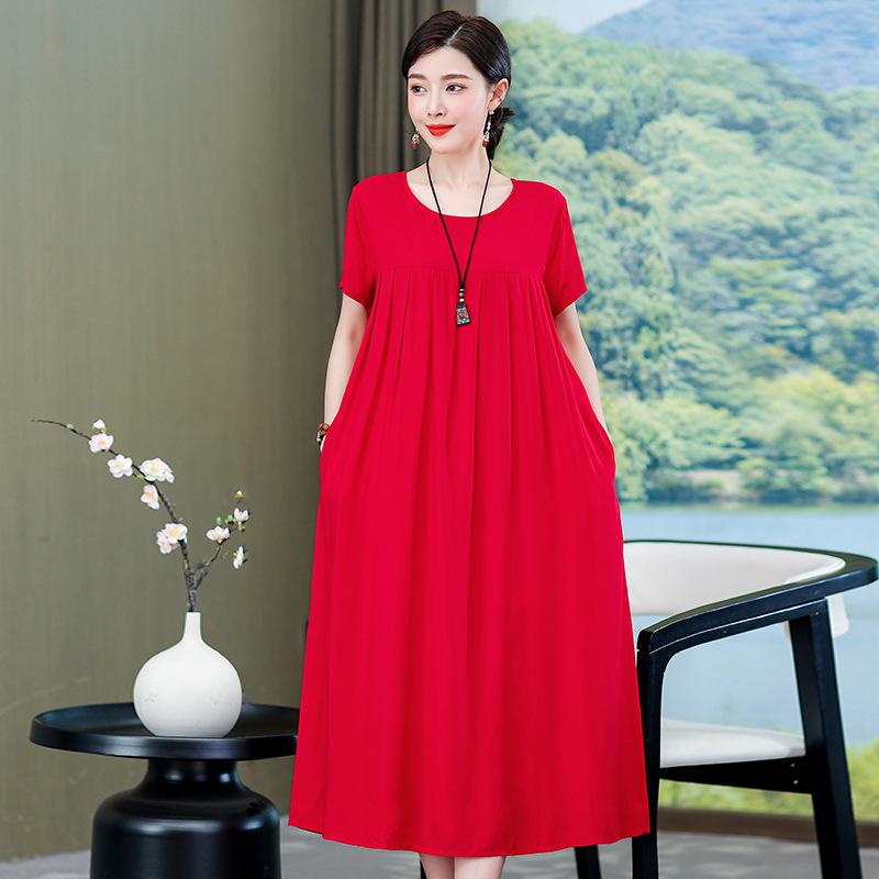 2 Neues hochwertiges florales Baumwoll-Seiden-Kleid für Damen-Sommer-Temperament, Bauchbedeckung für Mütter, große Größe künstliche Baumwolle langer Rock