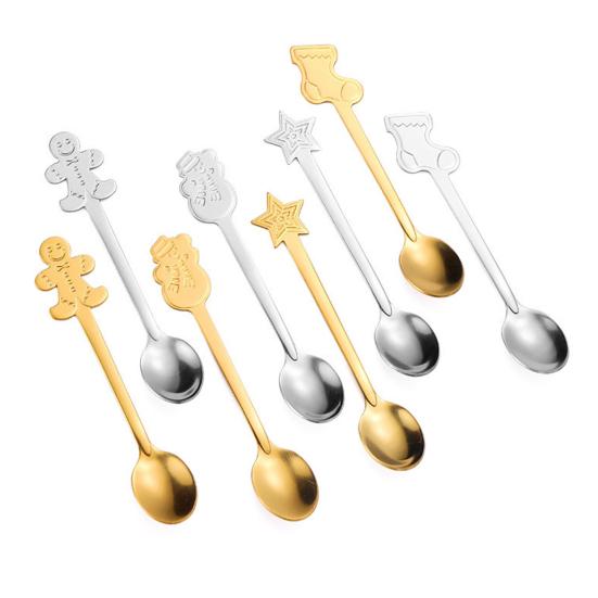 Elegant Table Decor for Parties 4Pcs Christmas Dessert Spoons, Stainless Steel Coffee Spoons with Gingerbread Man Star Stocking Snowman Handle, Unique