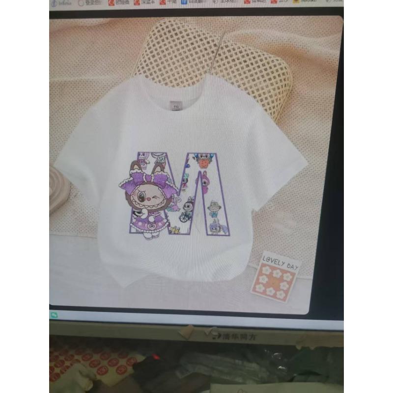 Cute Labubued Letter Printed T-shirt Cotton Summer Outdoor Wear Short Sleeve Girls Clothes Top Cartoon Children Clothing Toddler