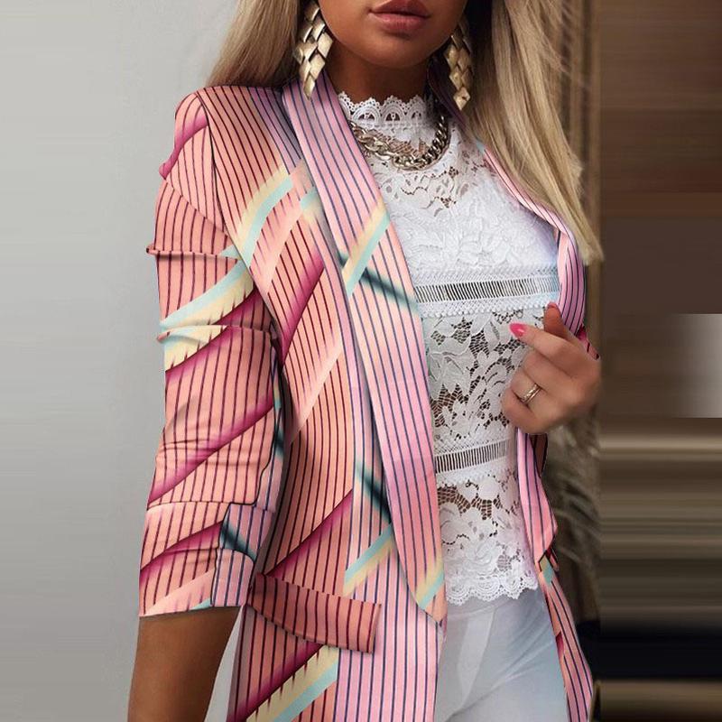 Frauen Mode Langarm Druck Farbe Mantel Offene Vorderseite Anzug Jacke