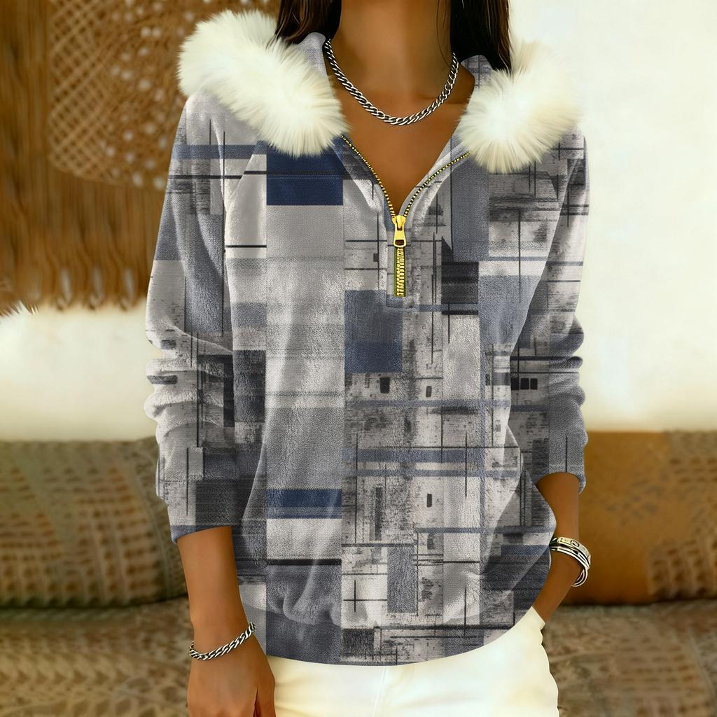 Women's Loose And Comfortable Casual Fashion Half-Zip Hooded Long Sleeve Conventional Printing Top