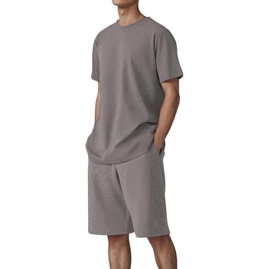 2Pcs/Set Men Sports Suit O-Neck Short Sleeve T-shirt Elastic Waist Wide Leg Shorts Set Solid Color Waffle Fabric Sportswear
