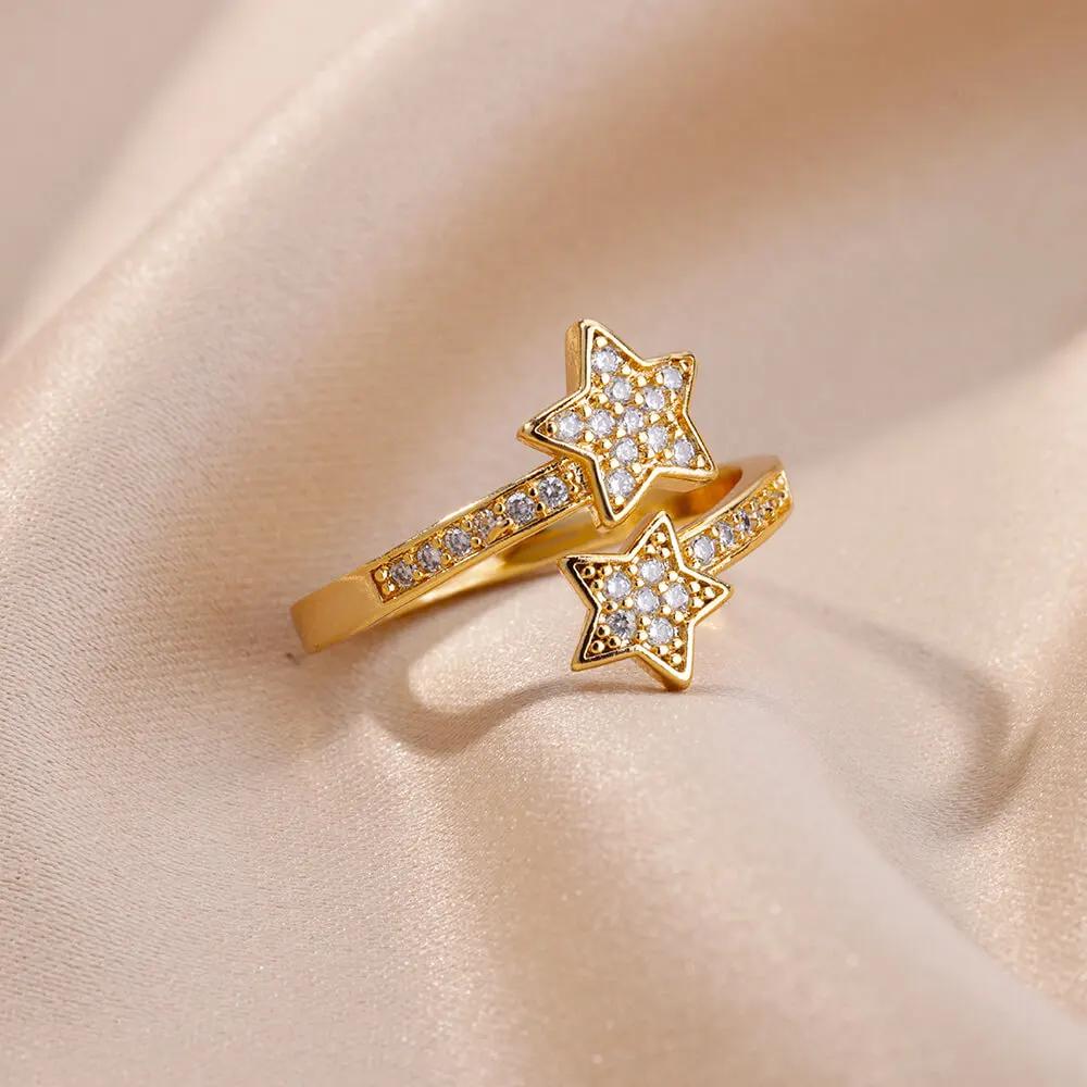Zircon Double Star Rings For Women Girls Stainless Steel Gold Color Y2K Ring  New Trending Wedding Party Aesthetic Jewelry