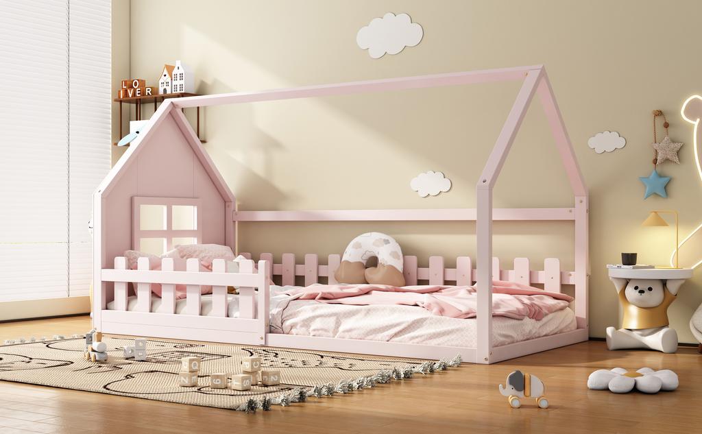 Lit plat 90*200cm, Lit d'enfant, Barrière de sécurité maison, Rose