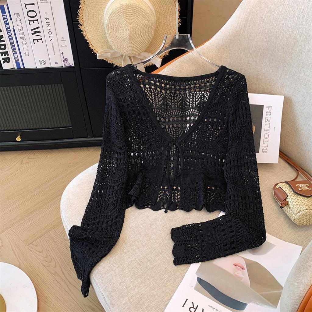 Fresh and Thin Lace-up Short Blouse Top Women's French Design Hollow Crochet Knitted Sweater