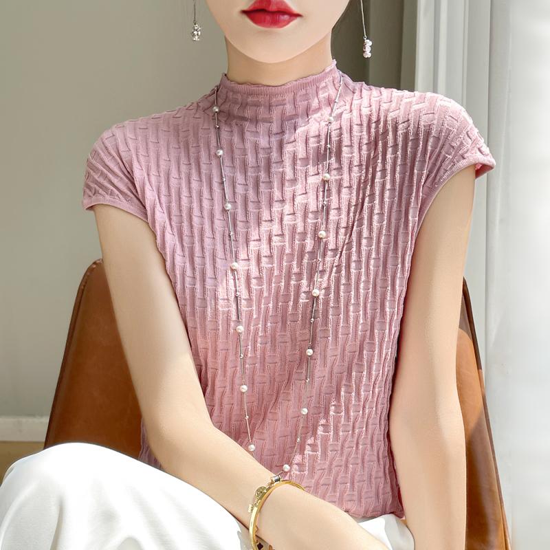 Women T-shirt Tank Summer Knitted T-shirt Short Sleeve Tees Basic Tees Knit Top Pullover Turtleneck Female