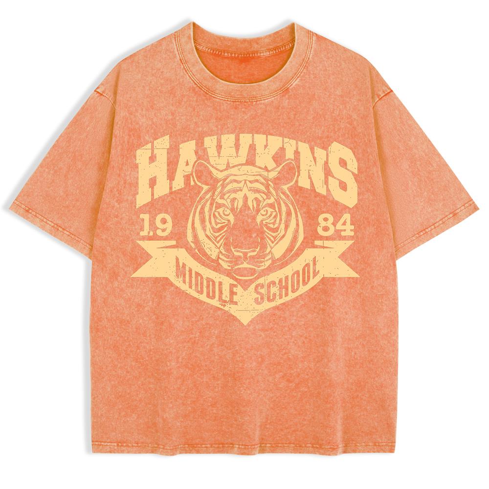 Hawkins Middle School 1984 Prints Washed T-Shirt Mens Cotton Short Sleeve Tops Street O-Neck Oversize T Shirt Clothes