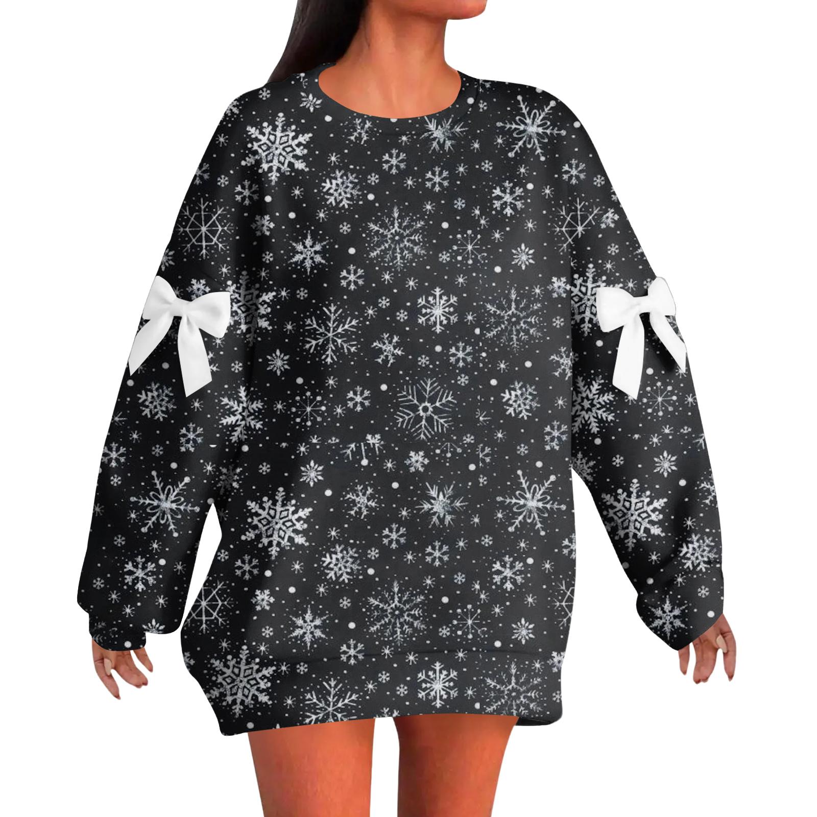 

Женский рождественский пуловер с принтом и бантом, с круглым вырезом, длинными рукавами, свободного кроя S тёмно-синий