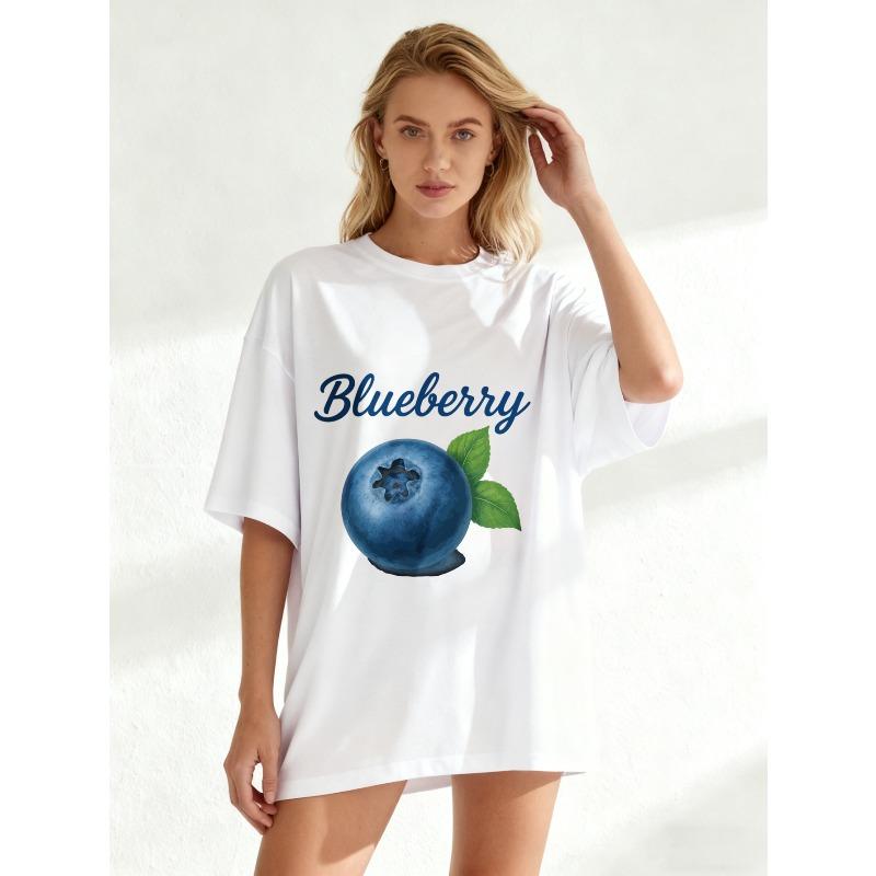 Koszulka Oversize Czarna Nadruk Owoców Borówki i Tekstu Odzież Codzienna Dla Kobiet Letni Strój Moda Streetwear Top