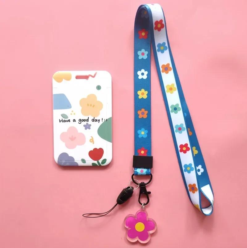 Fashion Flower Women Card Protector Cover Case Card Holder Neck Strap with Lanyard Badge Holder Work ID Card Bus ID Card Holder