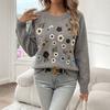 Women S Crew Neck Long Sleeve Knit Sweater With Flower Embroidery