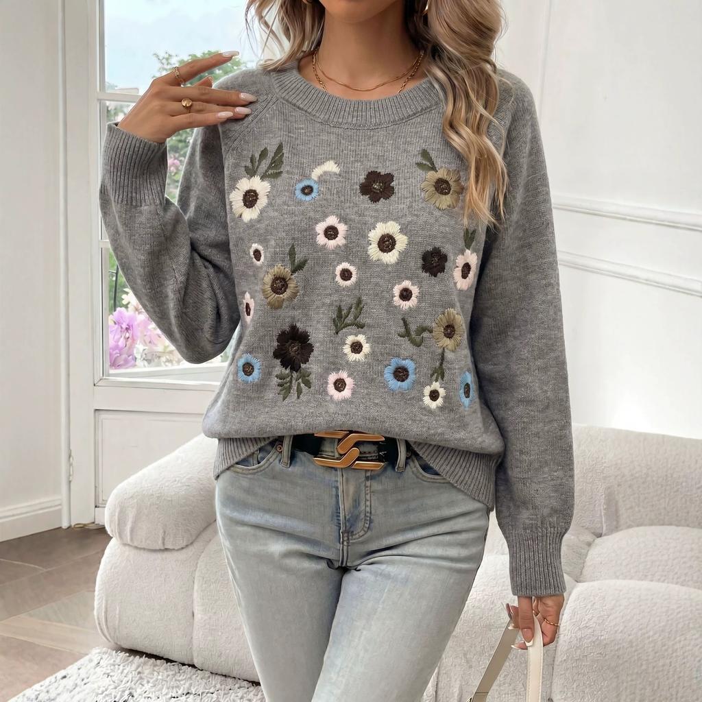 Women S Crew Neck Long Sleeve Knit Sweater With Flower Embroidery