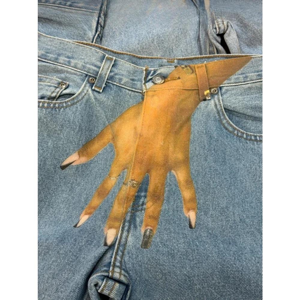 ZYLLO Streetwear Jeans Y2K Gothic Hip Hop Finger Graphic Print Retro Blue Baggy Jeans Men Women Fashion High Waisted Wide Leg Trousers