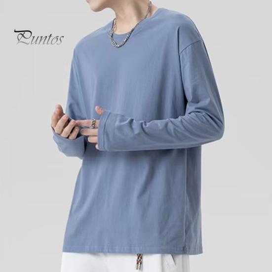 Herren T-Shirt Rundhals Langarm Einfarbig Pullover Tops Lockere Passform Weiches Atmungsaktives T-Shirt Home Gym Street Wear