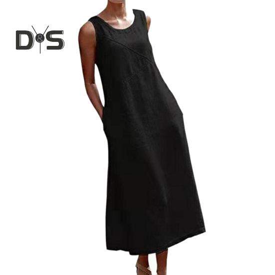 

Платье макси без рукавов для женщин, свободное платье-майка с круглым вырезом и карманами, длинный сарафан для пляжного отдыха, летний повседневный наряд M чёрный