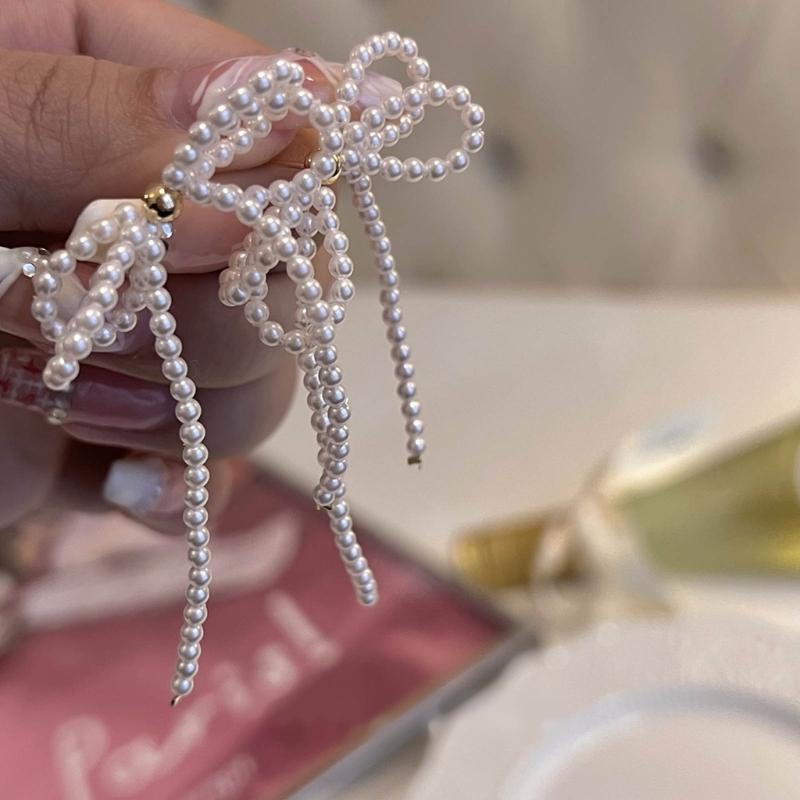 1 Pair Exaggerated All-Matched Earings Pearls Bowknot Ear Jewelry Niche Temperament Earrings for New Year Birthday Gift