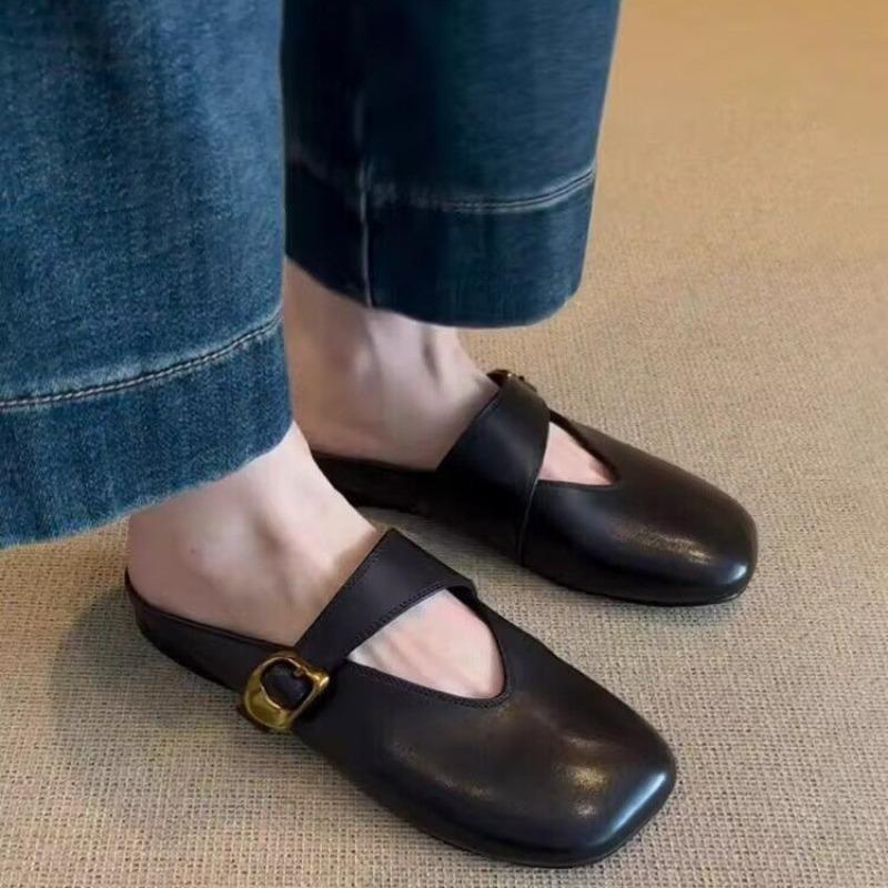 Fashion Retro Flat Baotou Half Slippers Women's Summer New Square Toe Shallow Mouth Metal One-word Buckle One-foot Slip-on Sandals