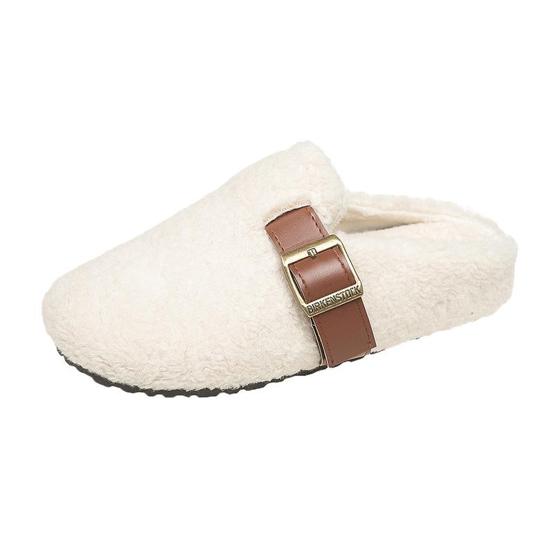 Thick-bottomed bag head, velvet warm half slippers, women's 2025 autumn new Korean version, one-pedal casual outer cotton slippers