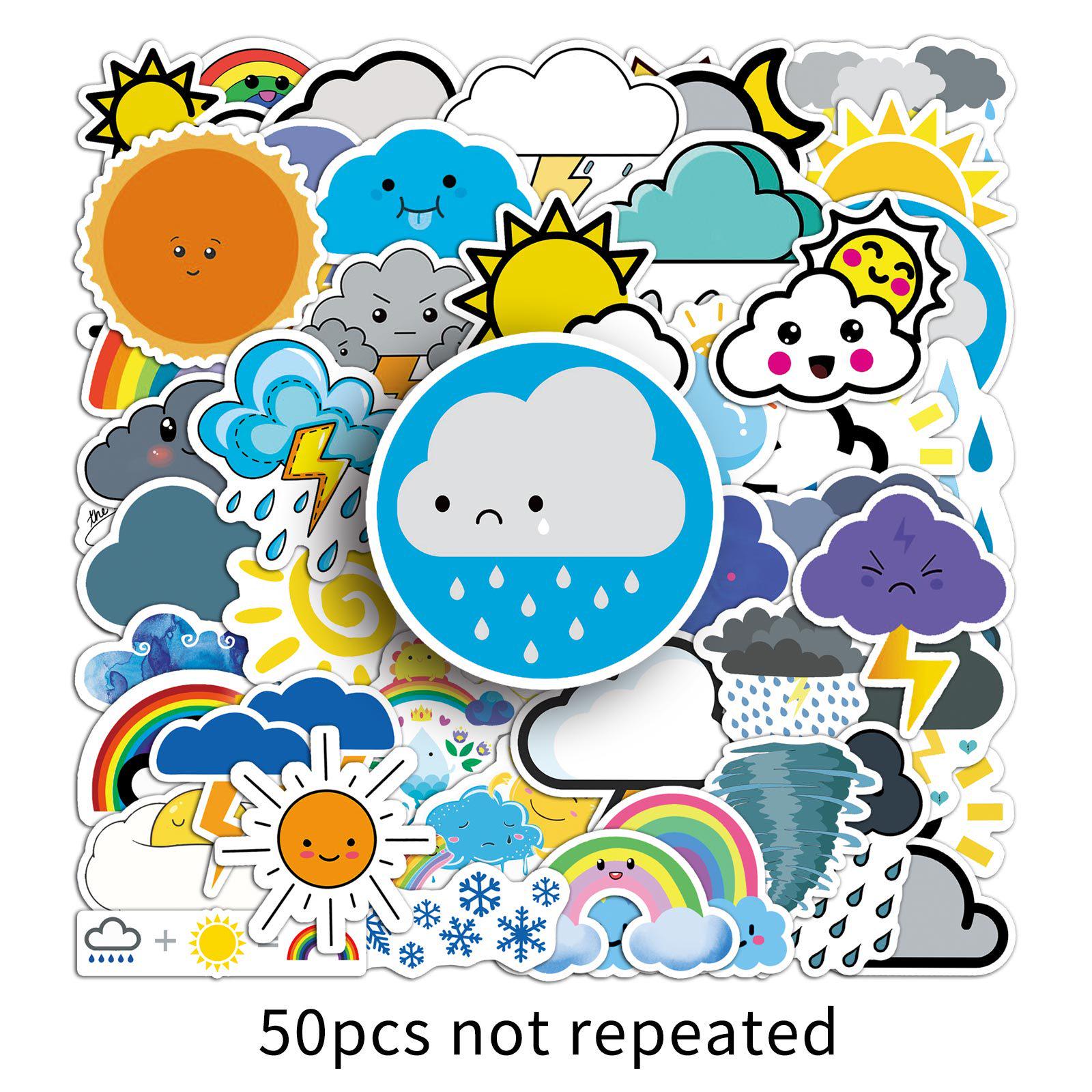 

50 Cute Cartoon Weather Stickers - Waterproof Cloud & Milk Tea Cup Designs for Decoration