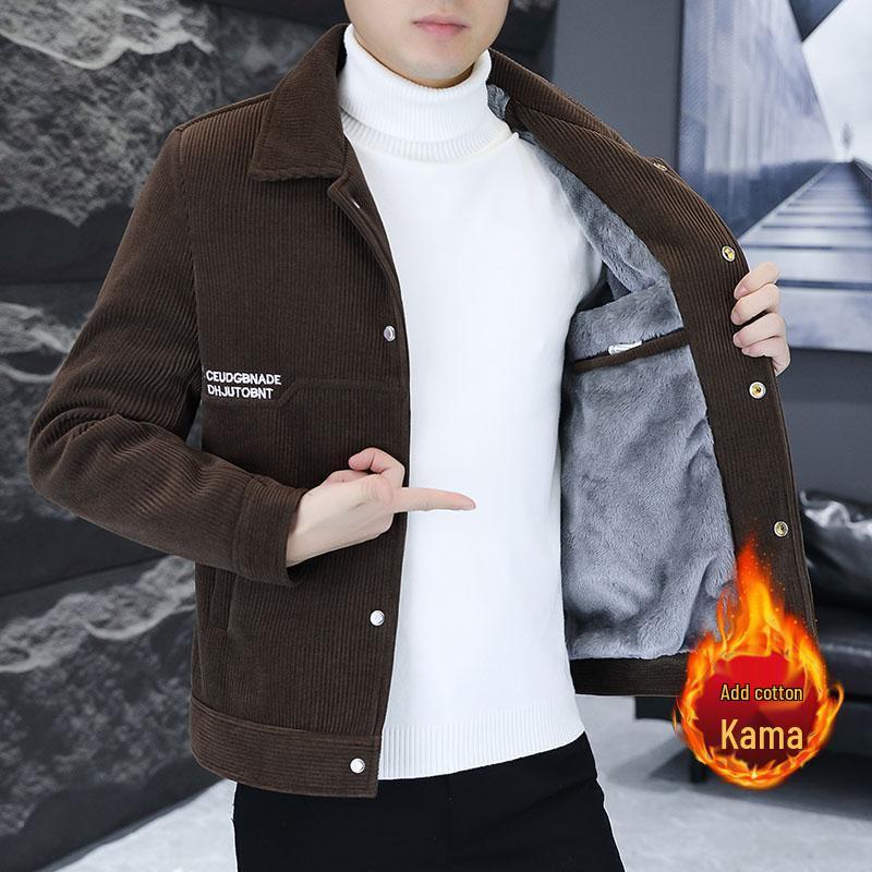Men's 2024 Korean Style Corduroy Jacket - Velvet-Lined, Thick, Lapel Design for Autumn and Winter