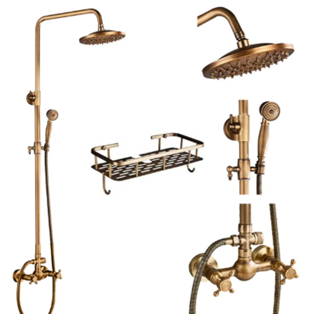 Antique Bathroom Rainfall Shower Faucet Set Wall Mount Dual Handle With Handshower Brass Bathroom Shower Mixer Tap