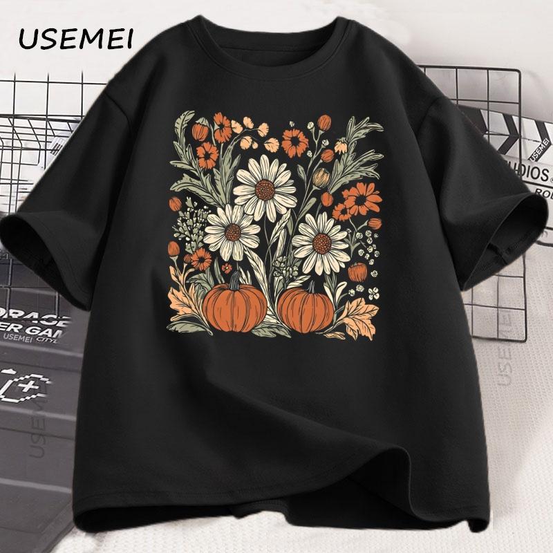 Boho Fall Floral T Shirt Retro Fall Tshirt Autumn Vibes Pumpkin Season Graphic Tee Women Vintage Halloween Women Clothing Tees