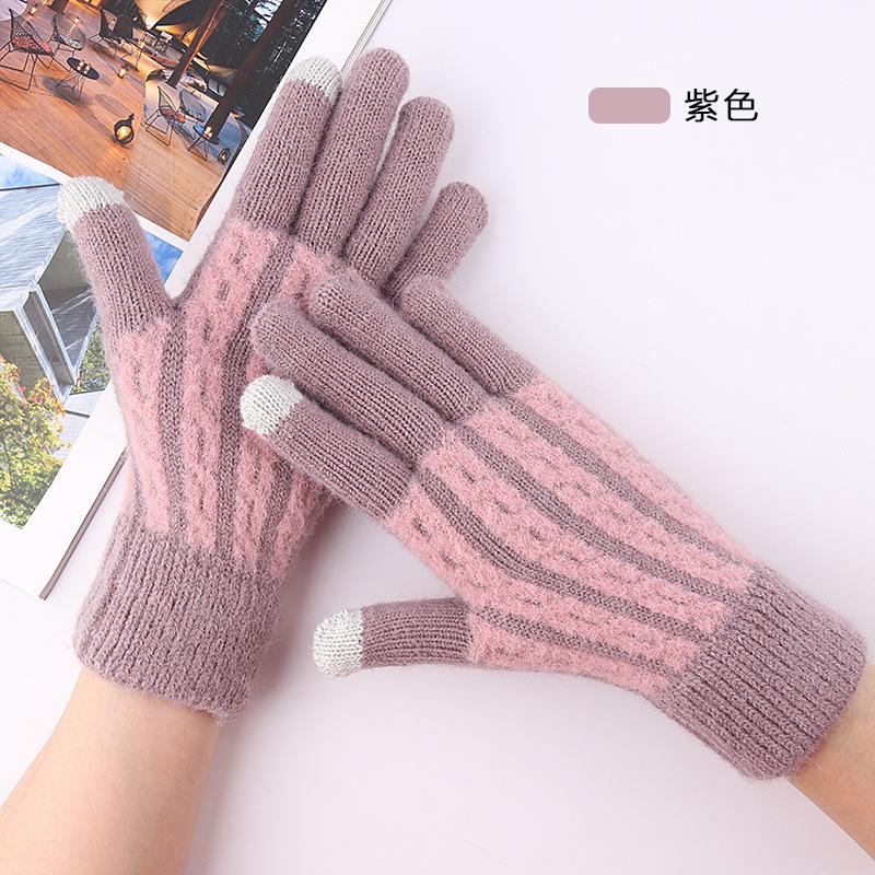 Women's Knitted Gloves Winter Warm Fleece Thickened Jacquard Split Finger Wool Touch Screen Gloves