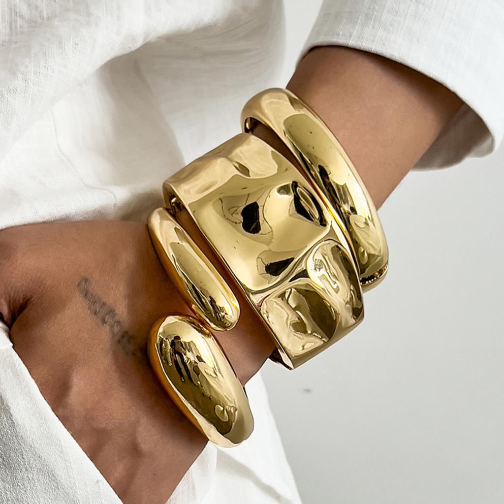 SHIXIN Glossy Geometric Waterdrop Metal Wide Spring Bangle for Women Punk Irregular Chunky Open Cuff Bracelet Hip Hop Jewelry