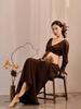 2026 Spring European & American Style Dark Brown Square Neck Waist-Cinching Elegant Long Skirt Set
