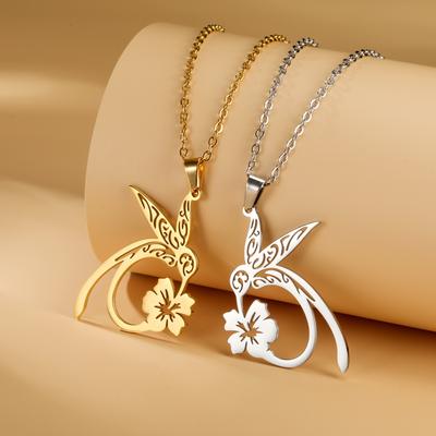 Hummingbird Flower Pendant Necklaces for Women and Girls, Stainless Steel, Gold Color, Choker, Animal Jewelry, Birthday Gift.