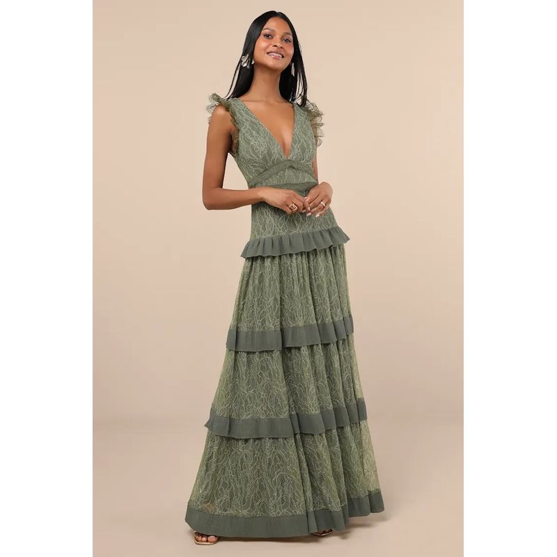 

Foreign Trade Order Lu s Hepburn Dark Lace Fashion Elegant Royal Sister Double V-neck Sexy Slimming Flying Sleeves Dress Green 2XL