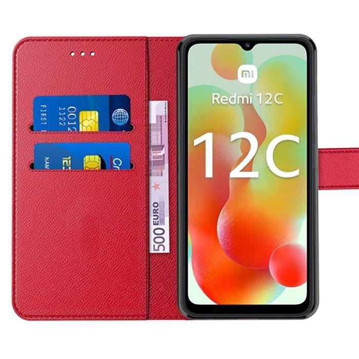 Coque + 2 Verres Trempés pour Xiaomi Redmi 12C-11A, Coque Effet Cuir Rouge Fermeture Magnétique