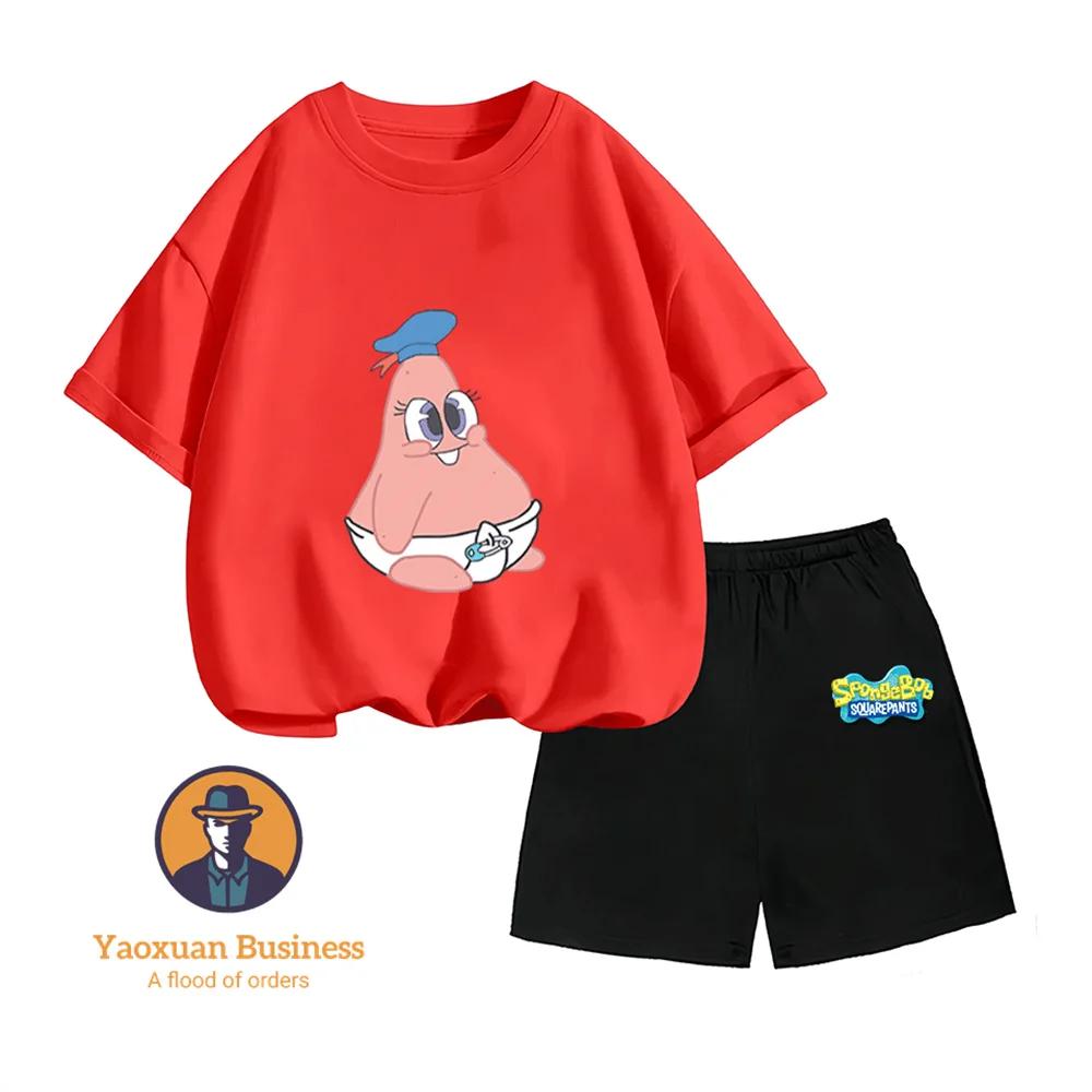 Hot Sale Summer Kidswear Pure Cotton SpongeBob SquarePants Anime Printed Round Neck Casual Two Piece Set