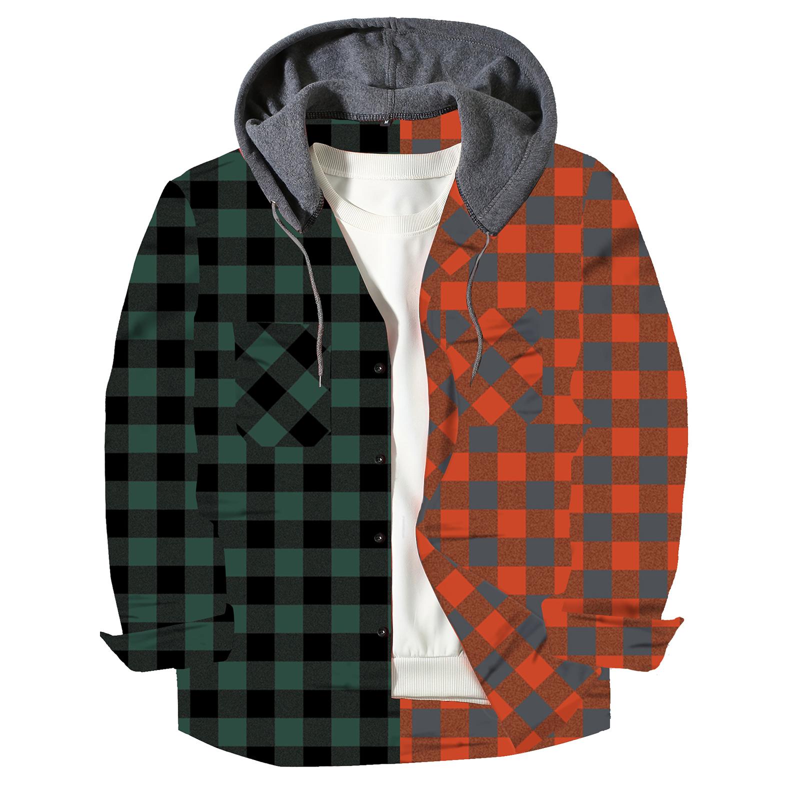 

Men s Color Blocking Striped Plaid Casual Loose Button Lapel Long Sleeve Hooded Cardigan Shirt Jacket L зелёный