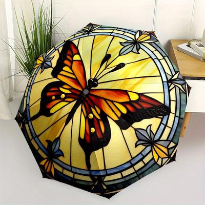 Stained Butterfly Window Panel - Vibrant Artwork for Home DecorUmbrella, Portable 3-Fold Compact Umbrella,Christmas Gift ES534