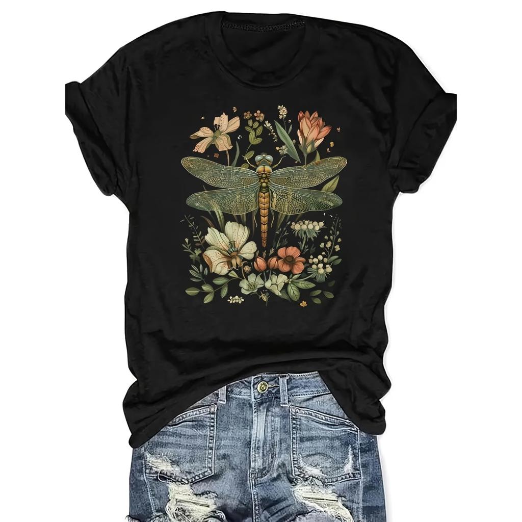 Floral Dragonfly Bohemian Women'S Patterned Printed Casual Short-Sleeve - a Perfect Choice for a Fitted Round-Neck Women'S T-Shirt