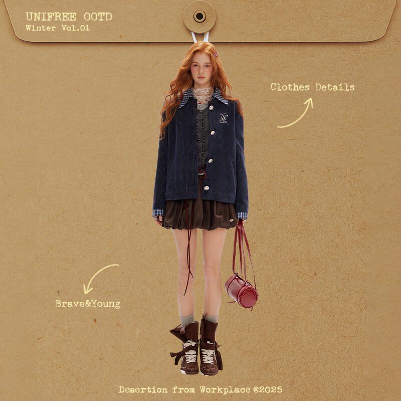 UNIFREE Korean Style Faux Two-Piece Plaid Patchwork Blazer