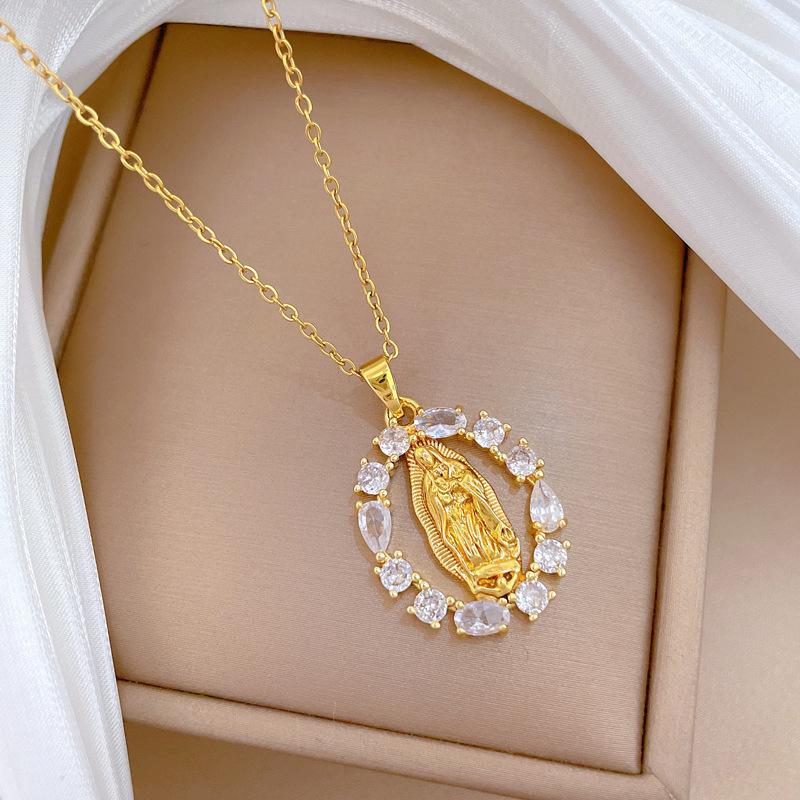 Stainless Steel Chain Necklace Luxury Hollow Oval Zircon Virgin Mary Pendant Necklace for Women Men Religious Gifts for Lover