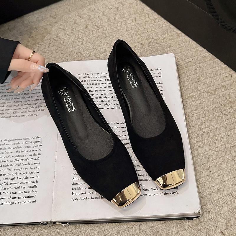 Fashion Women's Metal Toe Spliced Suede Spring and Autumn Fashion Flat Heel Single Shoes