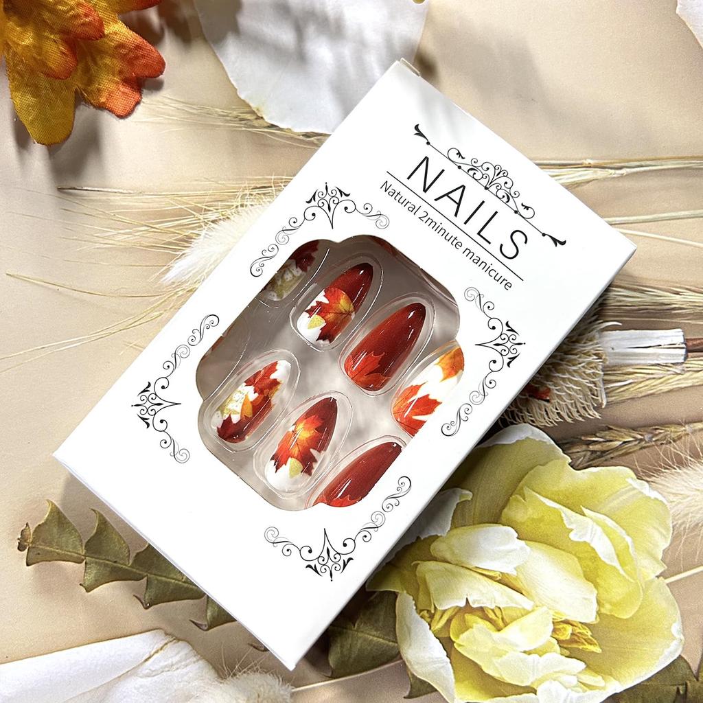 Fall Maple Leaf False Nail Thanksgiving Press On Nails Almond Shaped Medium Autumn Acrylic Artificial Fingernails Full Cover Glossy Thanksgiving