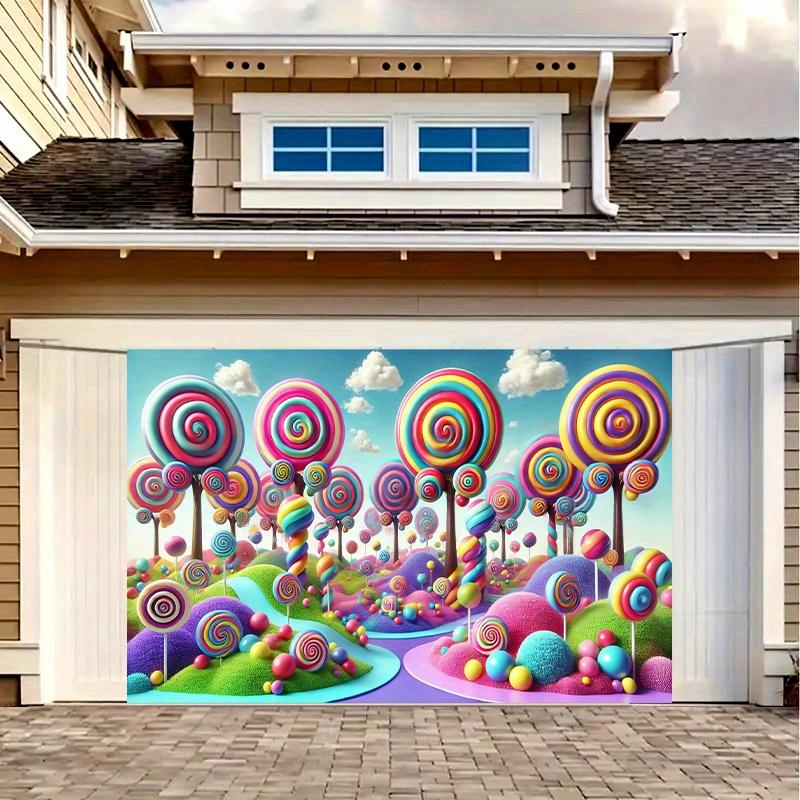 A dreamy candy-themed background banner made of polyester, suitable for various party decorations both indoors and outdoors.